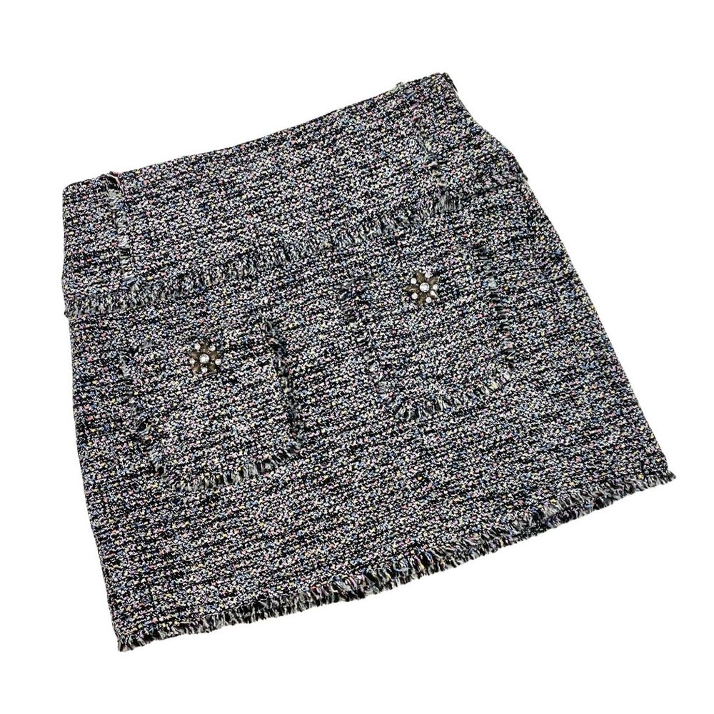 Grey Multicolor Tweed Skirt with Crystals on Pockets - Size 28